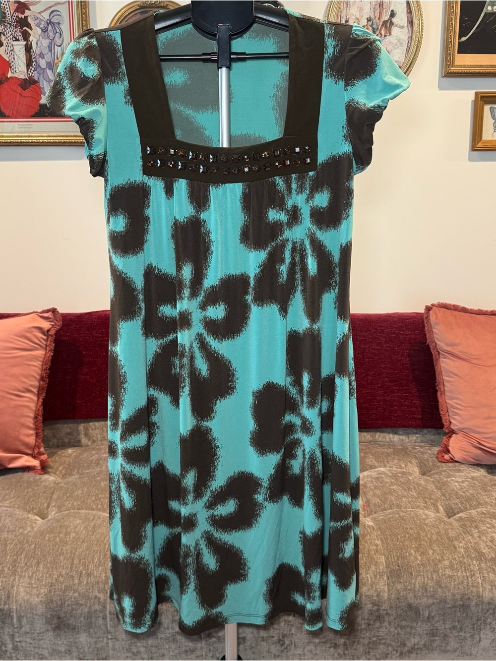 Apt. 9 Turquoise and Brown Floral Square-Neck Dress